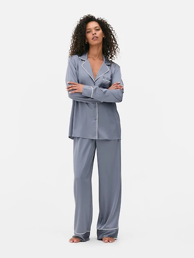 Women's Pewter Contrast Trim Boyfriend Pajama Set