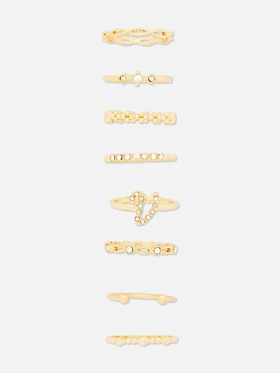8-Pack Rhinestone Initial Rings