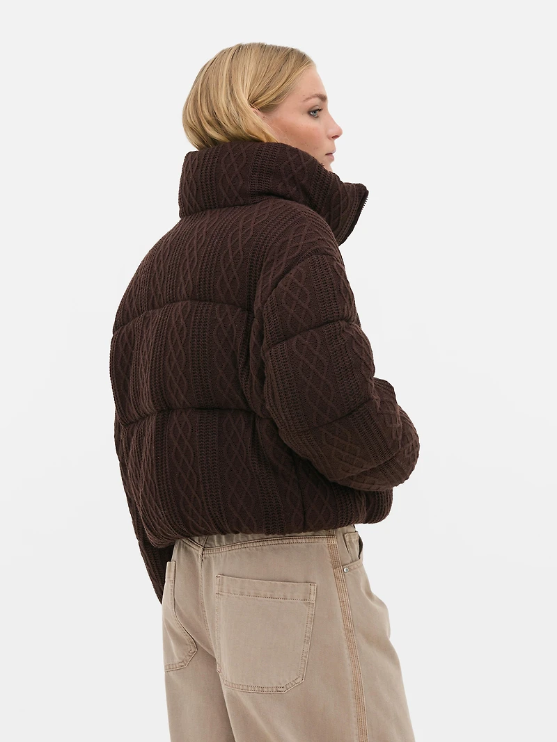 Short Cable Knit Puffer Jacket