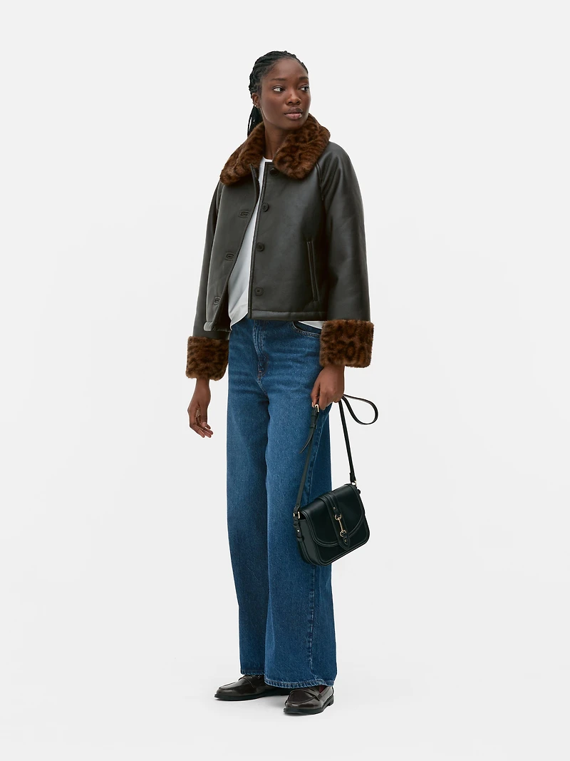 Leopard Trim Faux Leather Jacket