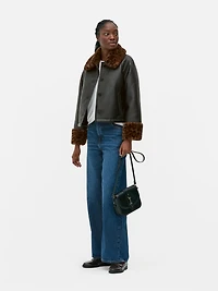 Leopard Trim Faux Leather Jacket