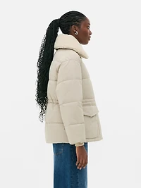 Cinched Waist Borg Collar Coat