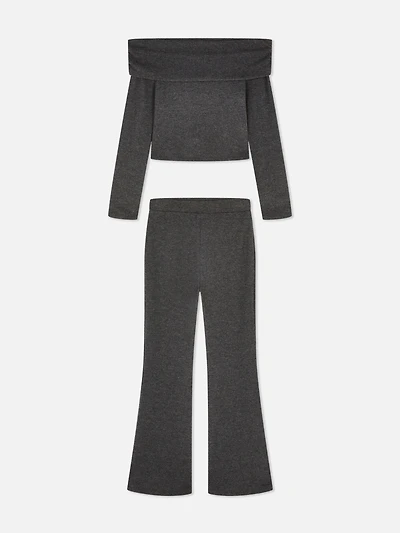 7-15yrs | Ribbed Off-the-Shoulder Sweater and Flare Leggings Set