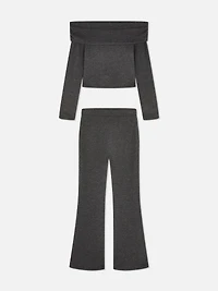 7-15yrs | Ribbed Off-the-Shoulder Sweater and Flare Leggings Set
