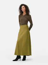The Edit Belted Satin Midi Skirt