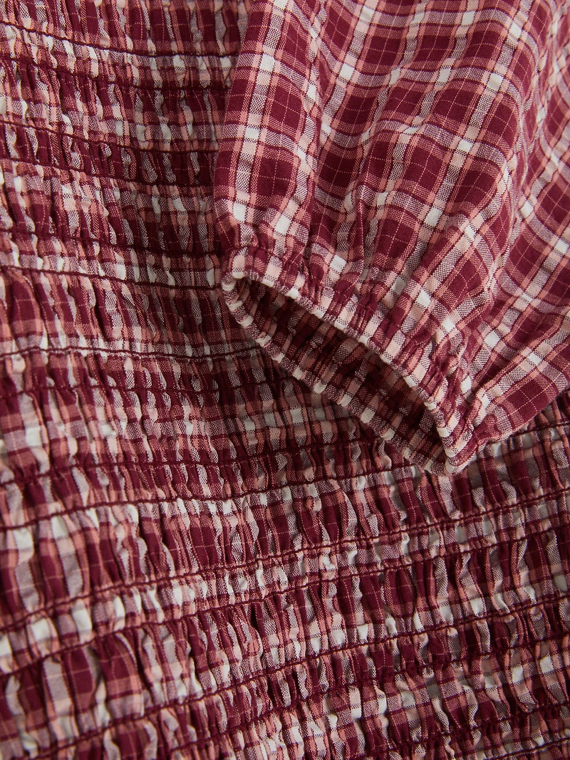 7-15yrs | Plaid Shirred Long-Sleeve Dress