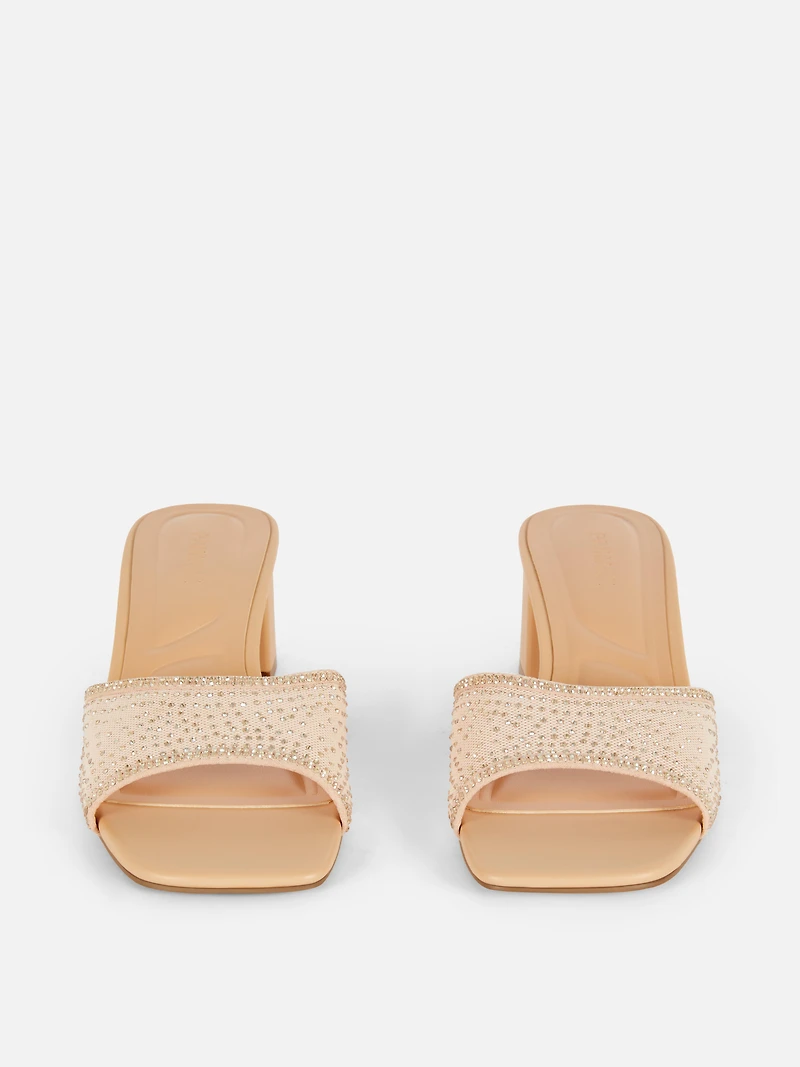 Rhinestone Block Heel Mules