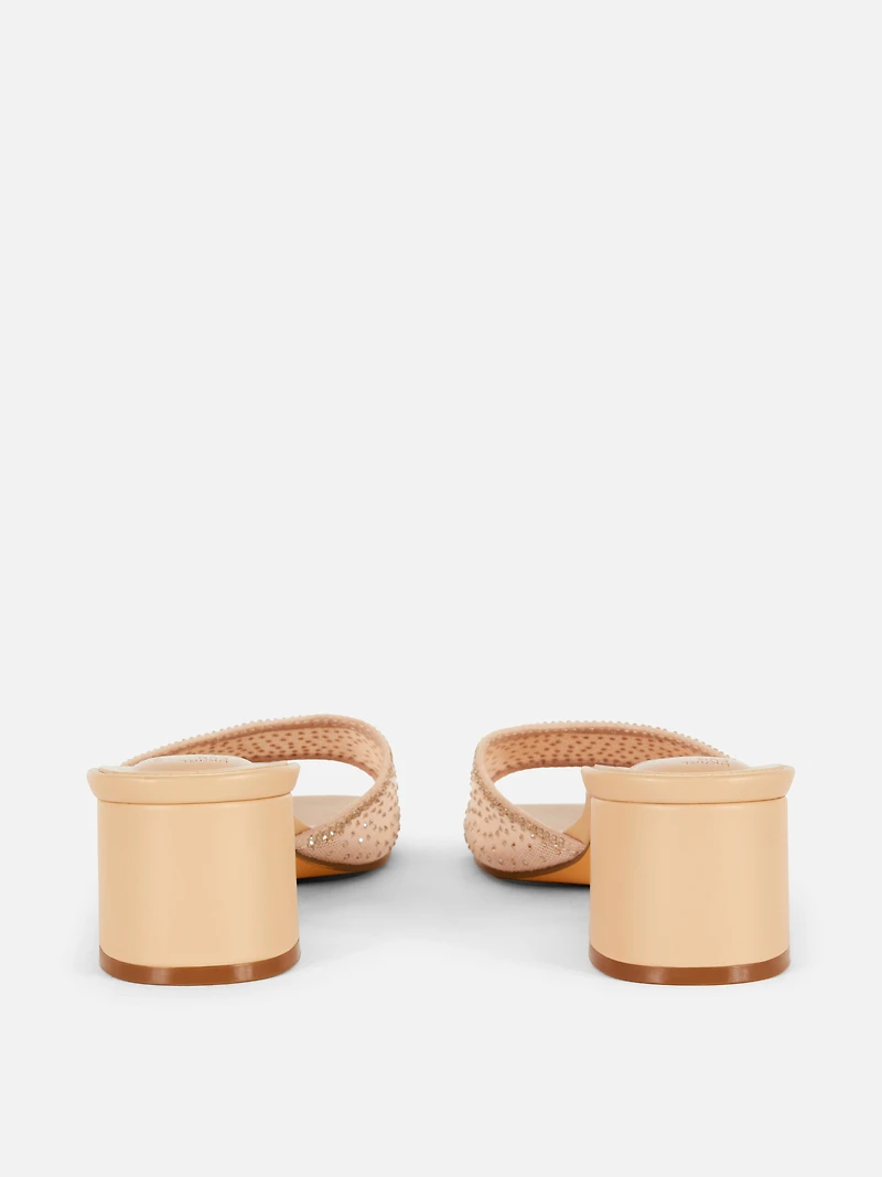 Rhinestone Block Heel Mules