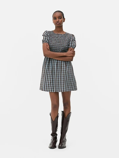 Puff Sleeve Check Mini Dress