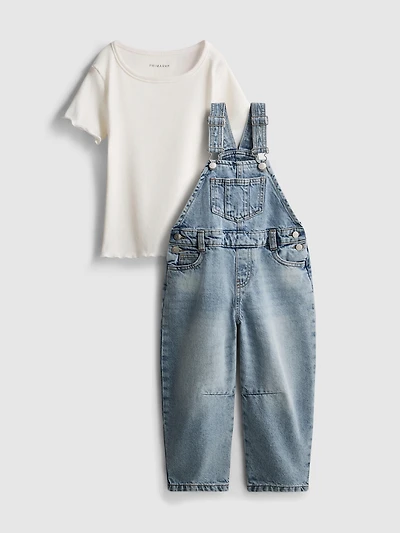 1.5-8yrs | Ribbed T-Shirt and Barrel Leg Denim Overalls Set