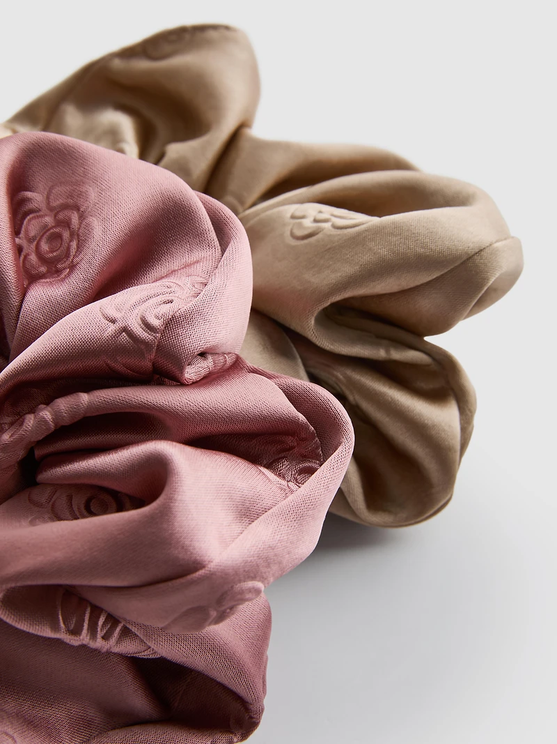 2pk Rose Flower-Embossed Hair Scrunchies