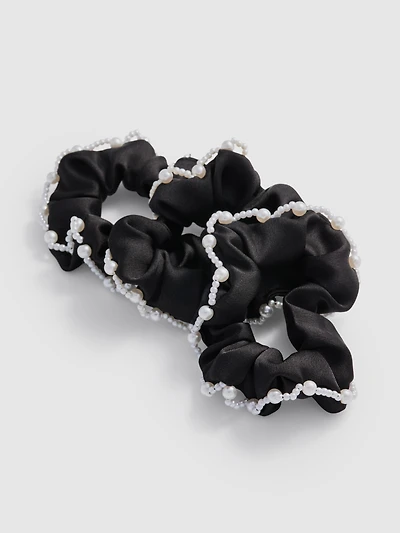 Women's Black 3pk Faux Pearl Trim Hair Scrunchies