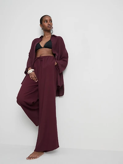 Women's Dark Purple Cotton Wide-Leg Drawstring Beach Pants