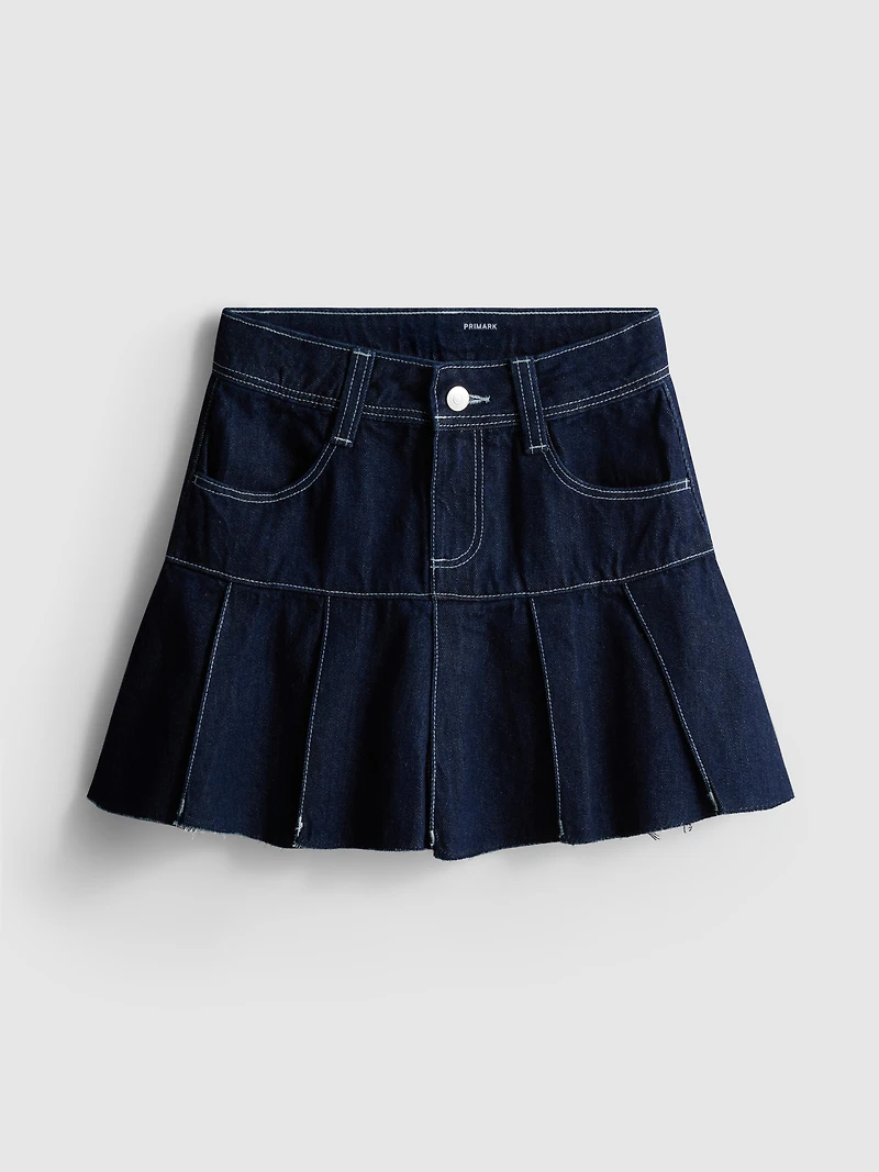 7-15yrs | Pleated Contrast-Stitch Denim Skirt