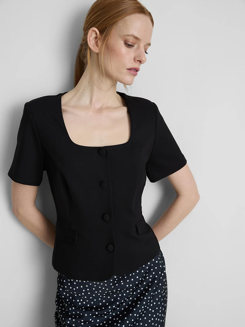 Short-Sleeve Square-Neckline Blazer