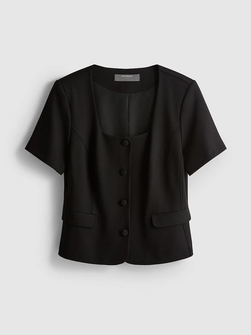 Short-Sleeve Square-Neckline Blazer