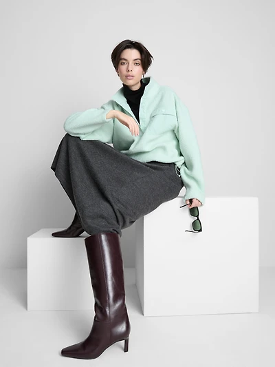 Women's Light Green Half-Placket Borg Sweatshirt