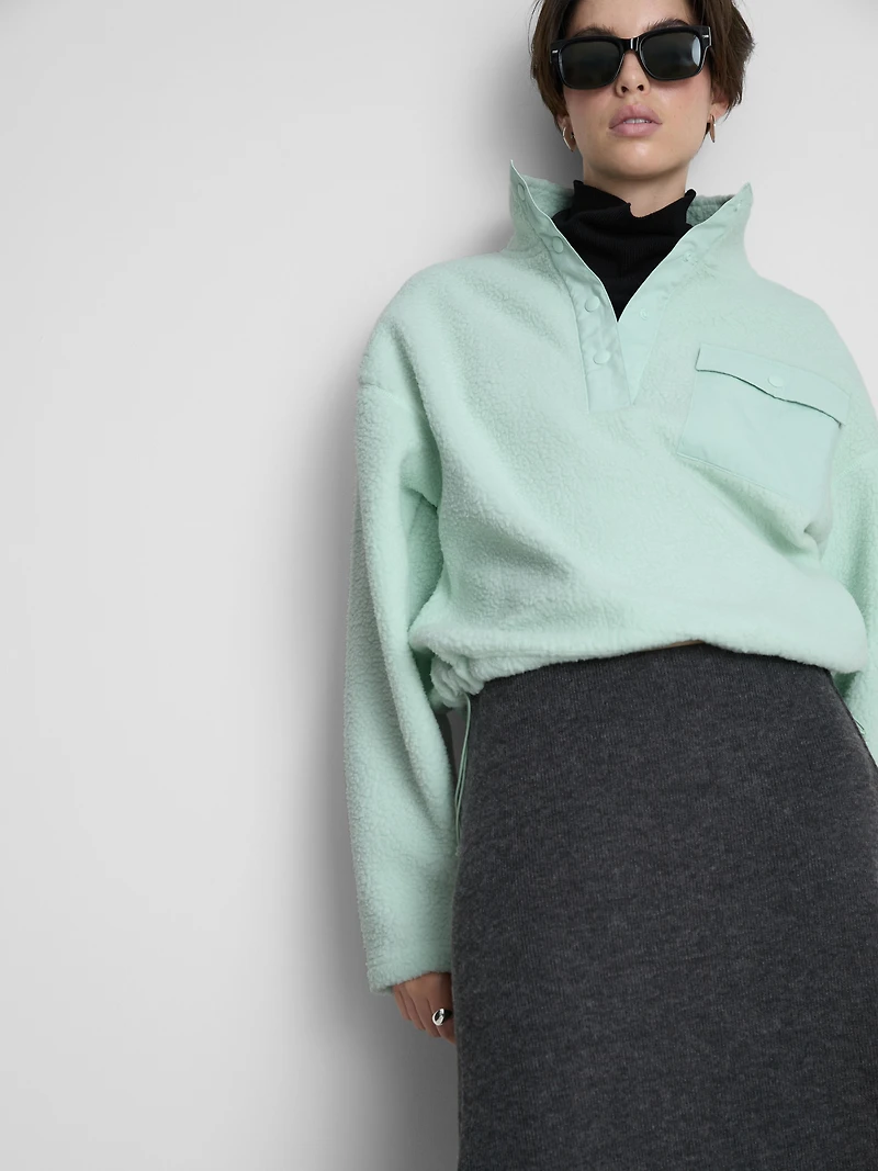 Women's Light Green Half-Placket Borg Sweatshirt