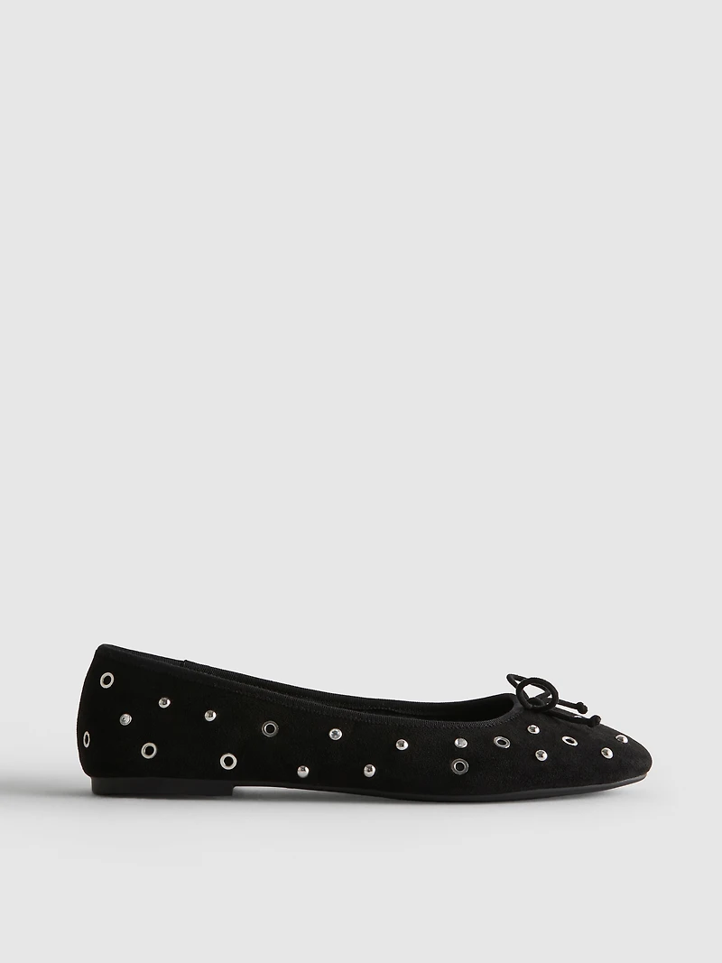 Women's Black Studded Faux Suede Ballerina Flats