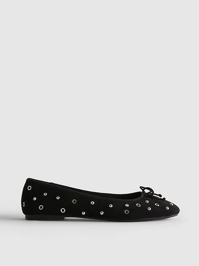 Women's Black Studded Faux Suede Ballerina Flats