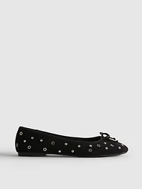 Women's Black Studded Faux Suede Ballerina Flats