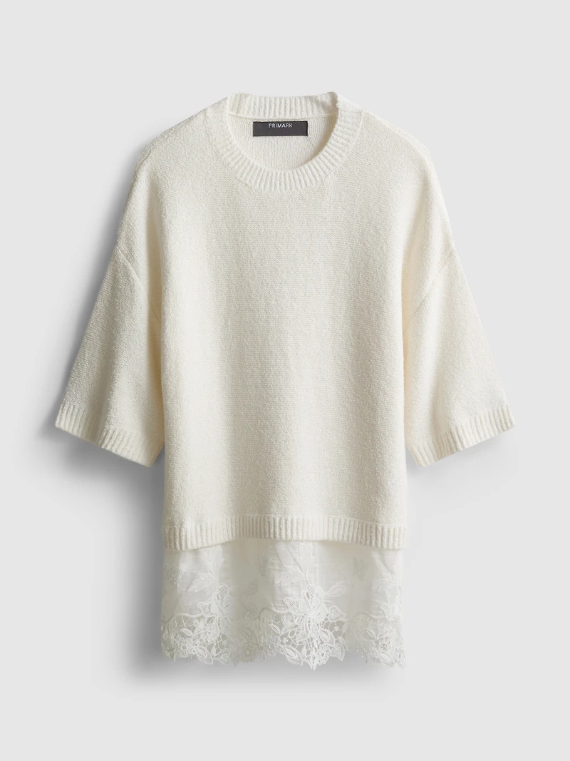 Broderie Hem Short Sleeve Sweater