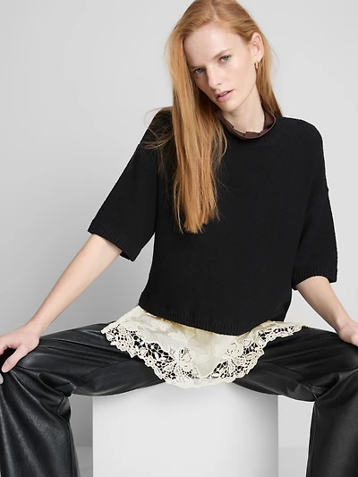 Broderie Hem Short Sleeve Sweater