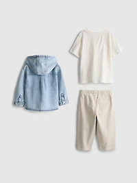 0-36mths | T-Shirt, Pants and Hooded Denim Jacket Set