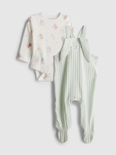 0-18mths | Long-Sleeve Onesie and Footed Overalls Newborn Set