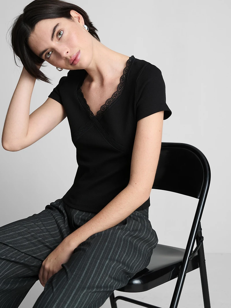 Cotton-Rich Lace-Trim Short-Sleeve Tee