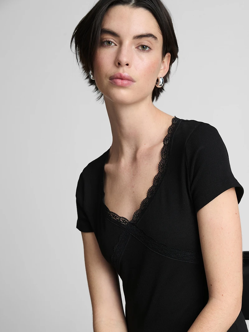 Cotton-Rich Lace-Trim Short-Sleeve Tee