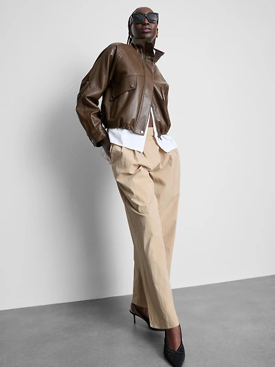 High-Waisted Textured Pleated Pants