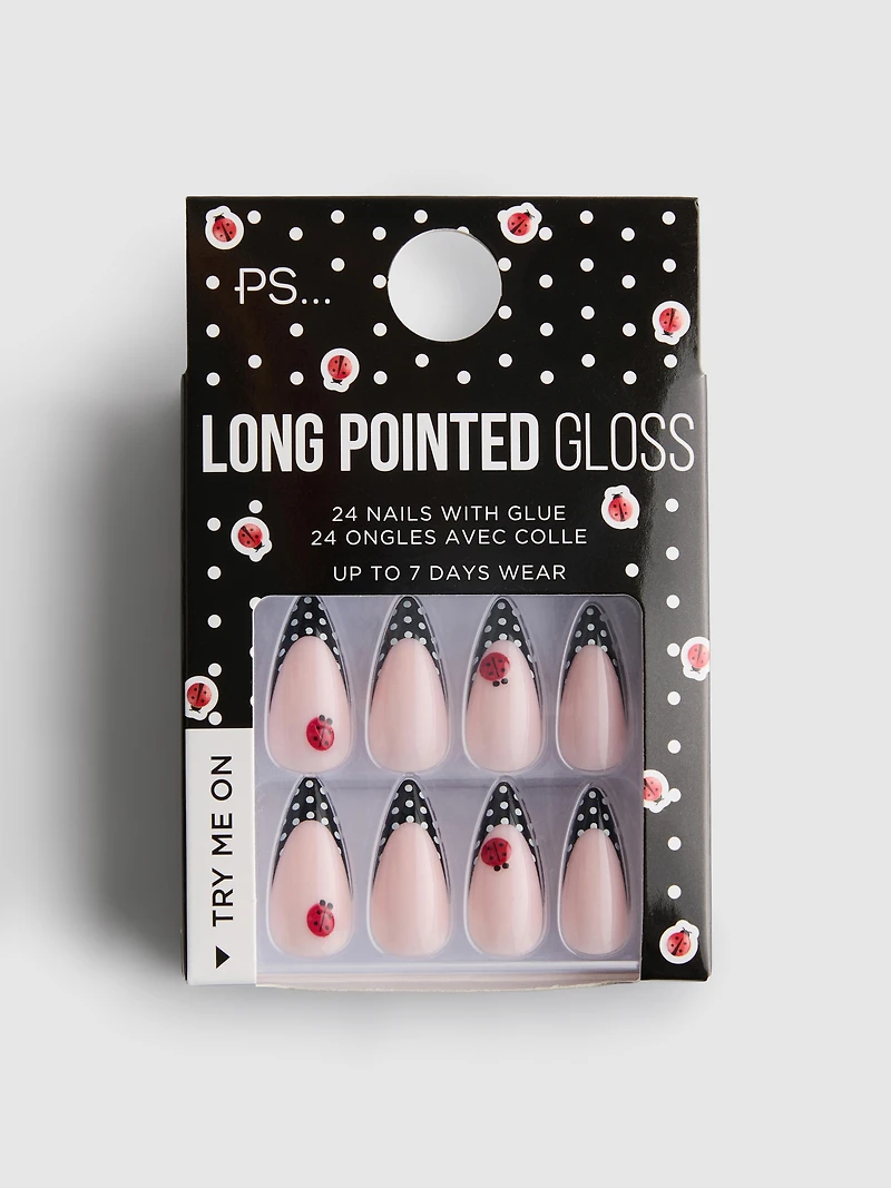 PS... Polka Dot Ladybug Long Pointed Gloss False Nails