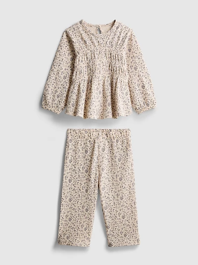 0-36mths | Floral Crinkle Long-Sleeve Top and Pants Set