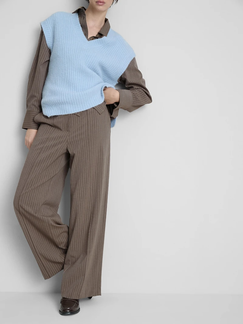 Brushed Wide-Leg Pinstripe Pants