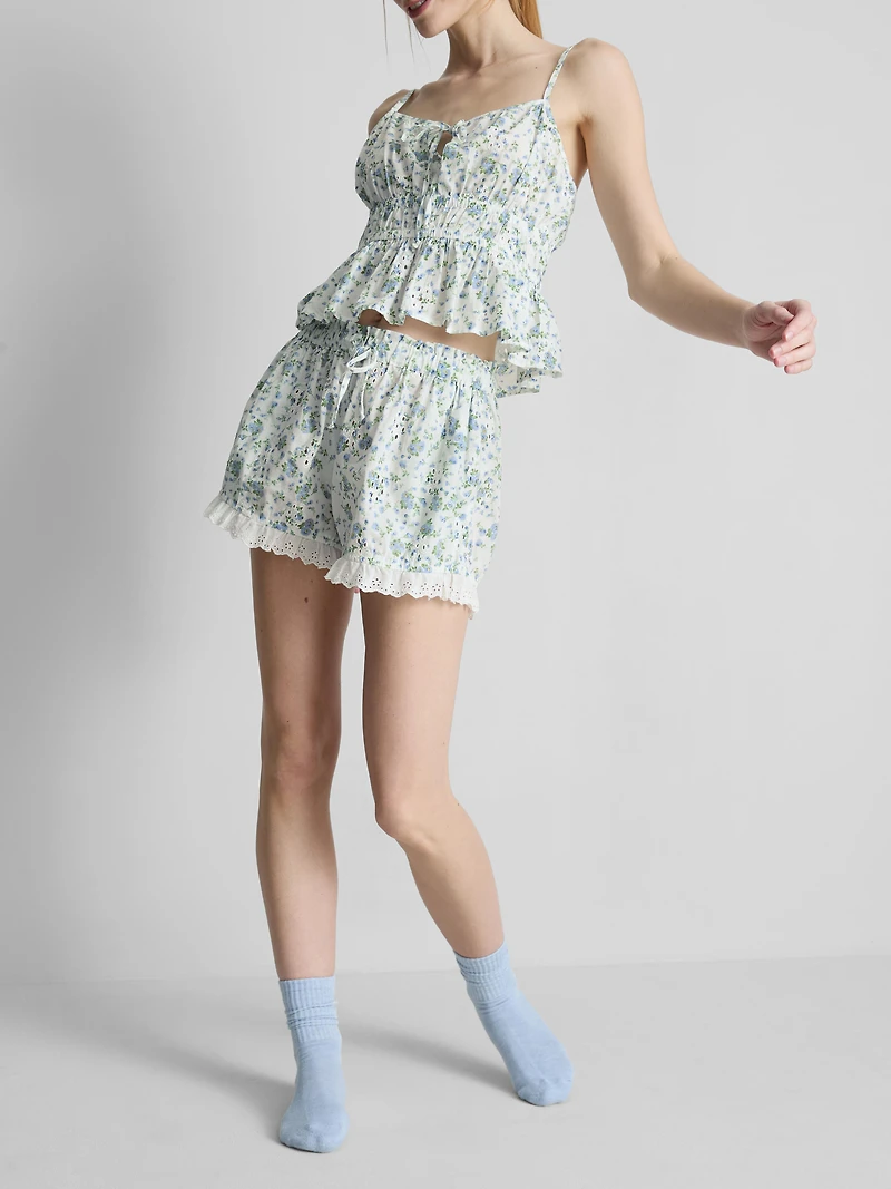 Printed Broderie Pajama Shorts