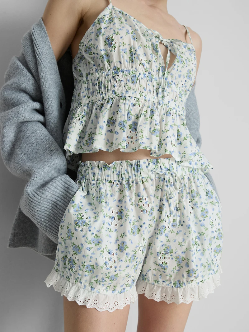 Printed Broderie Pajama Shorts