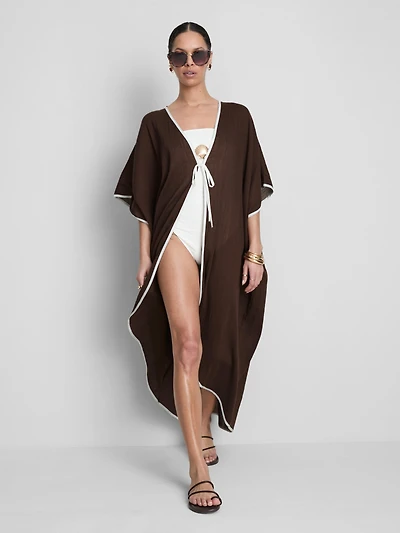 Women's Brown Sheer Contrast Beach Kimono