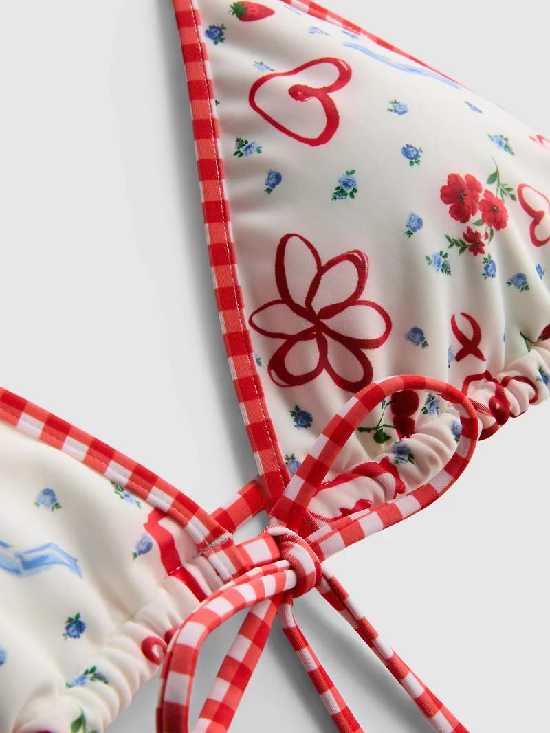 Heart-Print Gingham Triangle Bikini Top