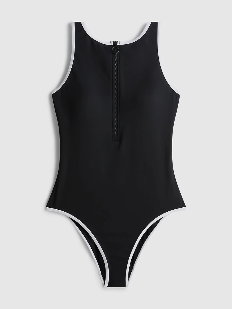 Women's Black High Neckline Zip-Detail Swimsuit