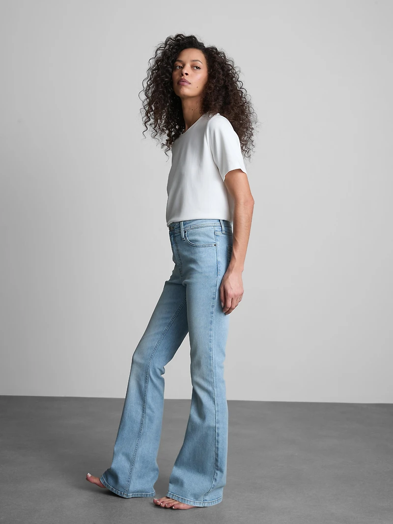 Cotton Denim Mid Rise Flared Jeans