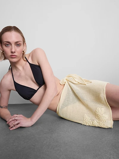 Women's Cream Embroidered Flower Mini Sarong