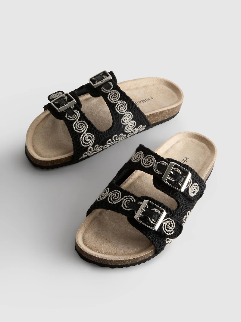 Embroidered Double-Strap Footbed Sandals