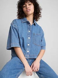 Cotton Denim Cropped Boxy Shirt