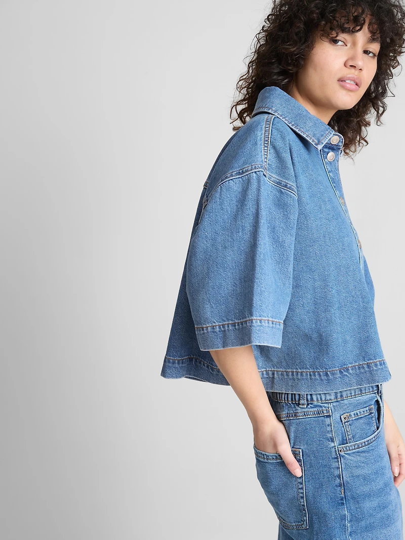 Cotton Denim Cropped Boxy Shirt