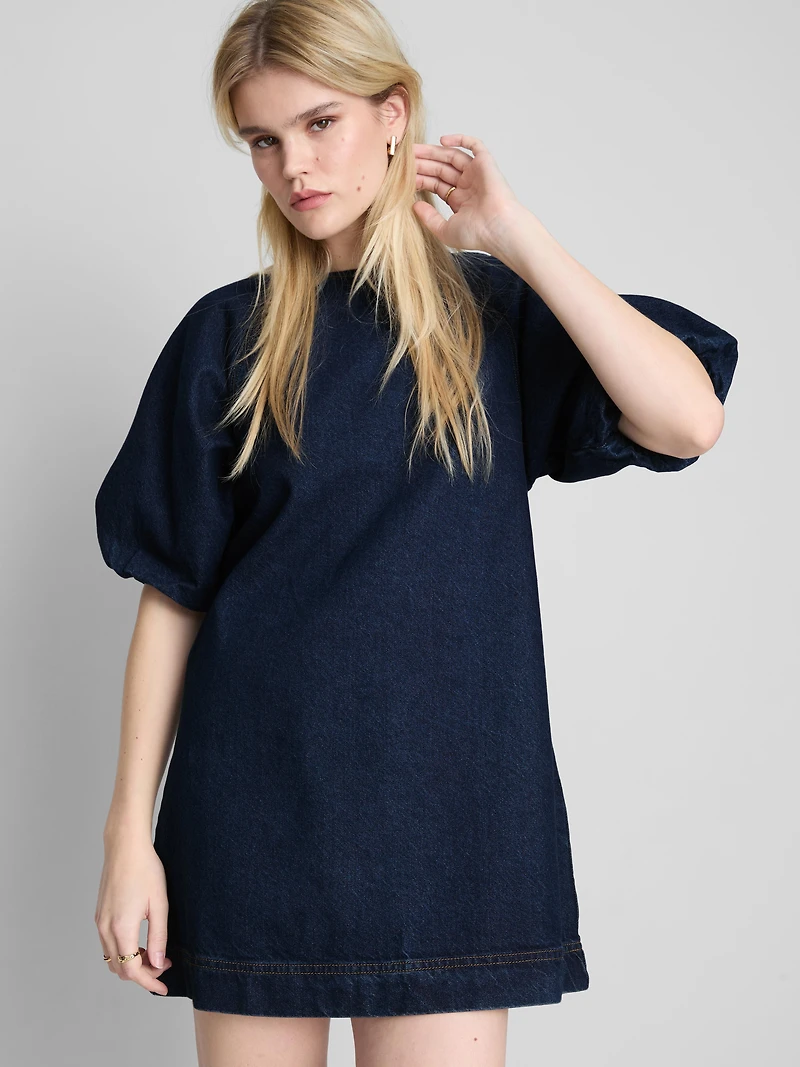 Cotton Denim Puff Sleeve Mini Dress