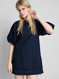 Cotton Denim Puff Sleeve Mini Dress