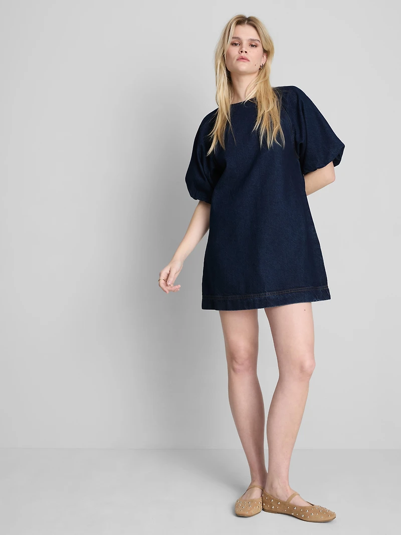 Cotton Denim Puff Sleeve Mini Dress
