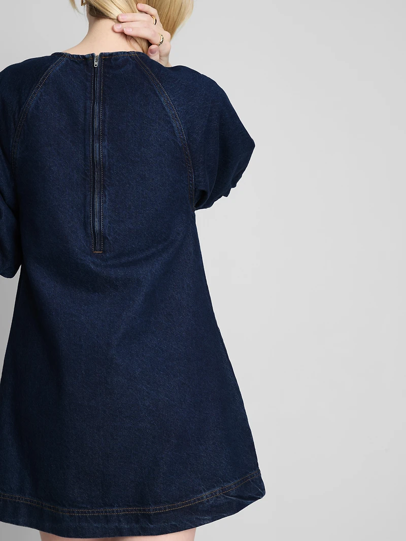 Cotton Denim Puff Sleeve Mini Dress