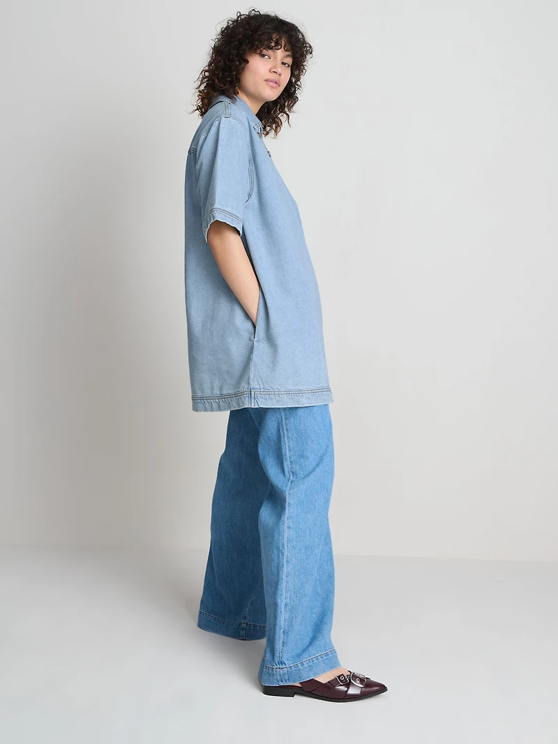 Cotton Denim Collared Mini Shift Dress